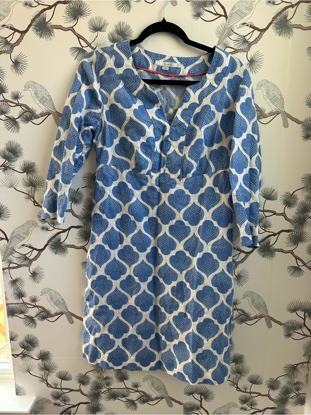 Boden 100% Linen Blue White Print Dress Women’s 8L Long